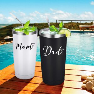 Mom and Dad Travel Tumbler Set, Funny Christmas Gifts for New Parents New Pregnancy New Dad New Mom Anniversary Birthday, Stainless Steel Insulated Travel Tumbler with 2 Lids(20oz, Black and White)