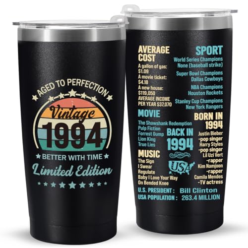 Jettryran 30th Birthday Gifts for Women Men 30 Years Old Gifts- 20 oz Double-sided Vintage 1994 with Time Information Tumbler Cup（black） Turning 30- TB001