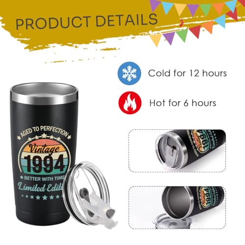 Jettryran 30th Birthday Gifts for Women Men 30 Years Old Gifts- 20 oz Double-sided Vintage 1994 with Time Information Tumbler Cup（black） Turning 30- TB001