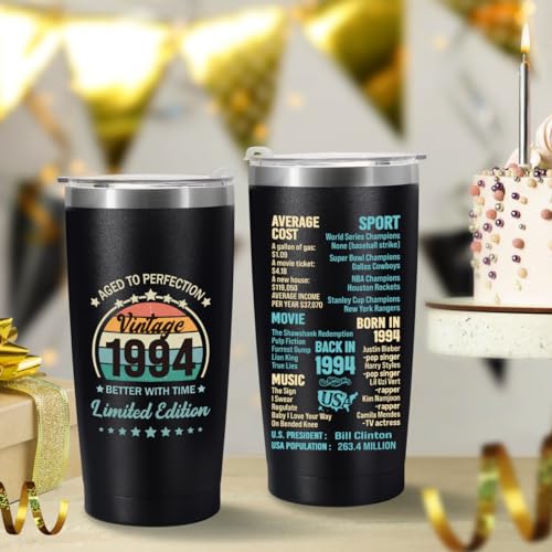 Jettryran 30th Birthday Gifts for Women Men 30 Years Old Gifts- 20 oz Double-sided Vintage 1994 with Time Information Tumbler Cup（black） Turning 30- TB001