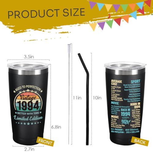 Jettryran 30th Birthday Gifts for Women Men 30 Years Old Gifts- 20 oz Double-sided Vintage 1994 with Time Information Tumbler Cup（black） Turning 30- TB001