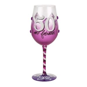 top shelf 50th birthday wine glass ; unique & thoughtful gift ideas for friends and family ; hand painted red or white wine glass for mom, grandma, and sister