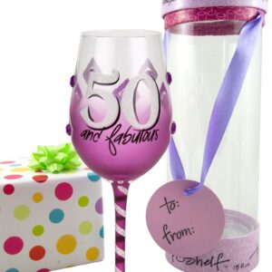 Top Shelf 50th Birthday Wine Glass ; Unique & Thoughtful Gift Ideas for Friends and Family ; Hand Painted Red or White Wine Glass for Mom, Grandma, and Sister