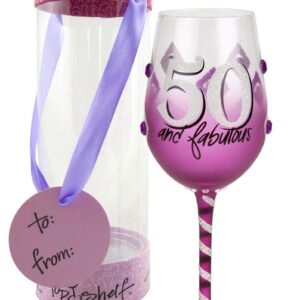Top Shelf 50th Birthday Wine Glass ; Unique & Thoughtful Gift Ideas for Friends and Family ; Hand Painted Red or White Wine Glass for Mom, Grandma, and Sister
