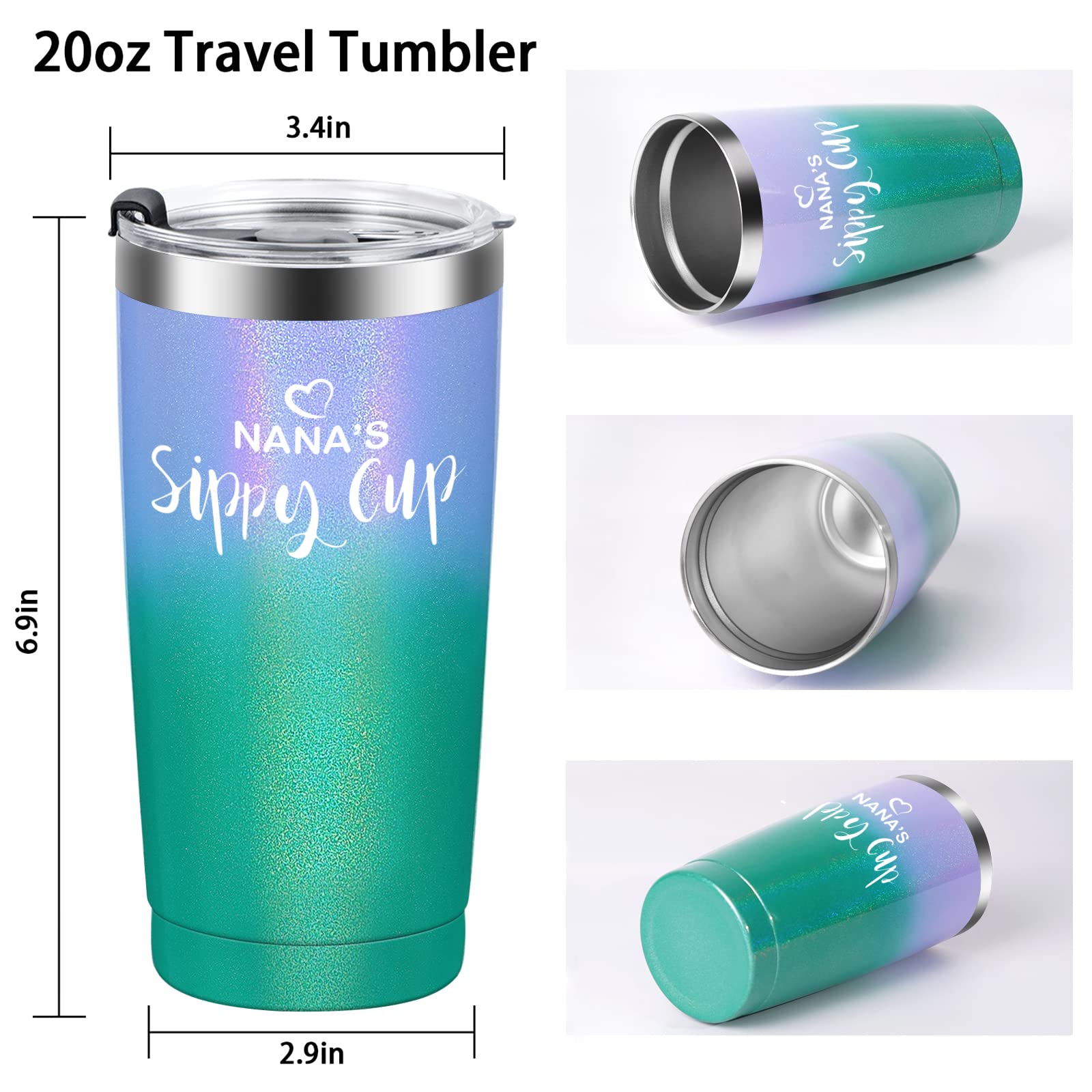 Qtencas Nana Gifts, Nana's Sippy Cup Travel Tumbler, Christmas Mothers Day Birthday Gift for Nana Grandma Grandmother New Nana Mimi Women, Insulated Stainless Steel Tumbler (20 Oz, Glitter)