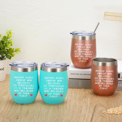 4 Pack Teacher Appreciation Gift Coffee Mug, Graduation Birthday Teacher's Day Gift for Women Dance Teacher, 12 oz Wine Tumblers with Lids Straws and Brushes (Rose Gold, Mint Green)