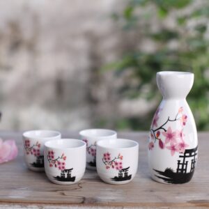 Tosnail 5 Pieces Ceramic Japanese Sake Set, 1 Serving Carafe and 4 Cups - Pink Sakura