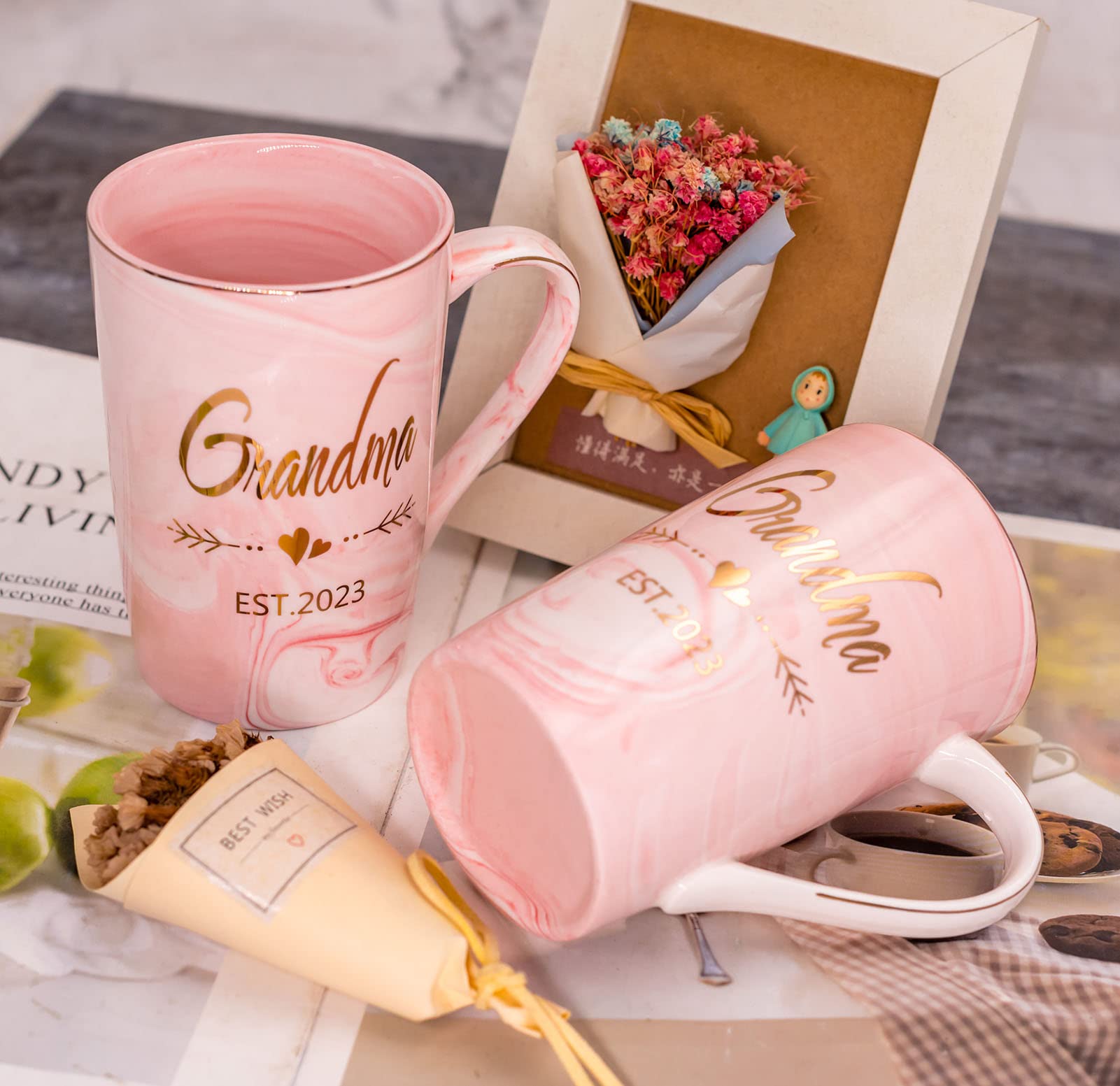 Mugpie Grandma and Grandpa EST 2023 Mugs - New Grandparent Announcement First Time Pregnancy Gifts Coffee Mug Set- Elegant Gifts for Baby Shower Mother's Day Father's Day - 12.5oz Ceramic Coffee Cup