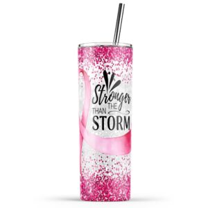 younique designs breast cancer awareness coffee tumbler with straw and lid, 20 oz, insulated stainless steel skinny tumbler for women, breast cancer survivor tea tumbler, water tumbler cup