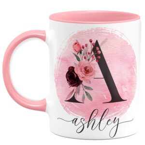 personalized coffee mug w initial name letter, double-sided - pink - 11 or 15 oz - custom ceramic mug, christmas gifts for women, mom, flower lover gifts for girlfriend, monogrammed tea cup