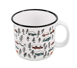 camco life is better at the campsite ceramic mug | microwave and dishwasher safe | white background with sketched rvs design | 14oz. (53383)