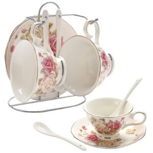 viktorwan porcelain tea cup and saucer coffee cup set with saucer and spoon, set of 7 (2 tea cups, 2 saucers, 2 spoons, and 1 bracket)