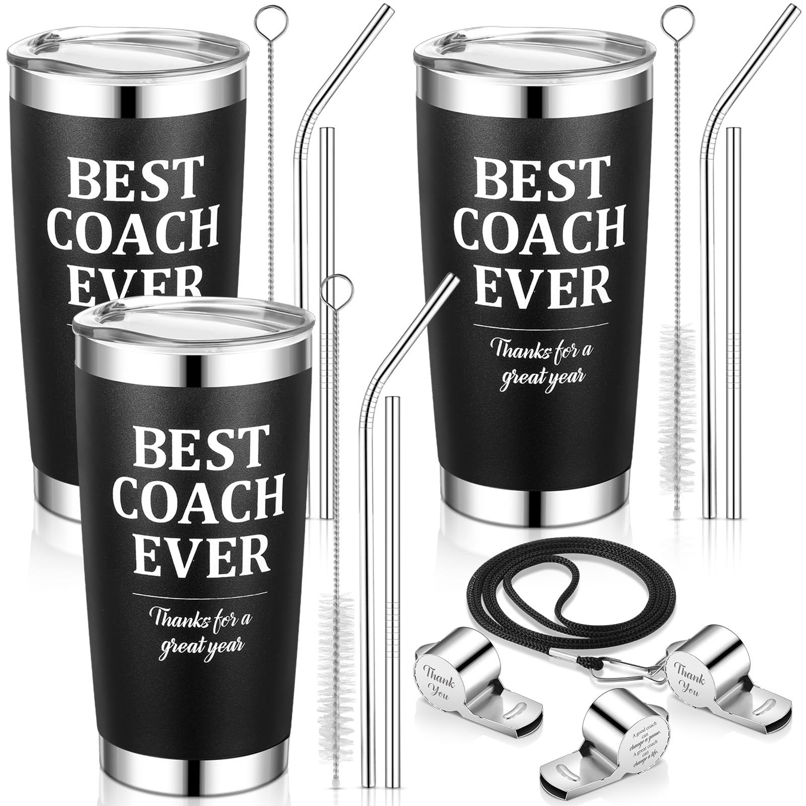 Sumind 6 Pcs Coach Gifts Best Coach Ever Tumbler with Lid Lanyard Whistle Coach Stainless Steel Travel Mug Best Coach Ever Gifts Coach Appreciation Tumbler Soccer Volleyball Basketball Football 20 oz