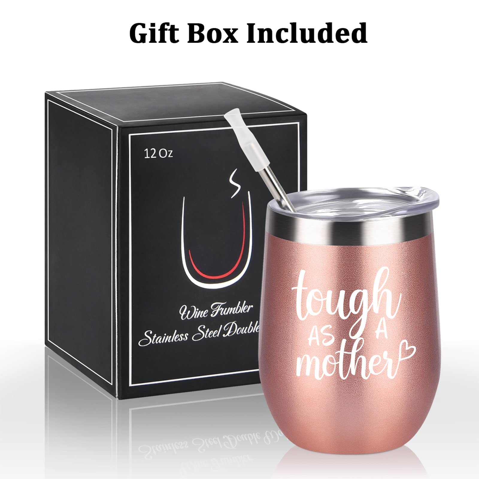 Gifts for Mom, Tough As A Mother Wine Tumbler, Christmas Birthday Mother's Day Gifts for New Mom Mother Mommy Mama Women from Daughter, 12oz Stainless Steel Insulated Wine Tumbler with Lid, Rose Gold