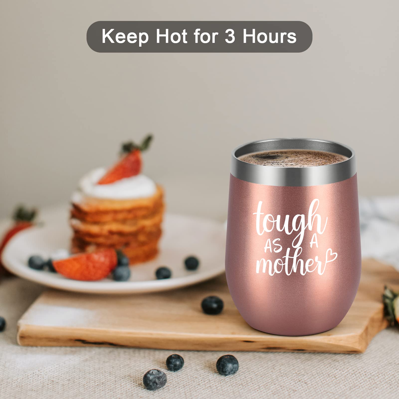 Gifts for Mom, Tough As A Mother Wine Tumbler, Christmas Birthday Mother's Day Gifts for New Mom Mother Mommy Mama Women from Daughter, 12oz Stainless Steel Insulated Wine Tumbler with Lid, Rose Gold