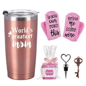 cpskup mother's day gifts-world's greatest mom travel tumbler cupcake socks set, mother's day birthday gifts for mom mother mama new mom, 20oz insulated stainless steel tumbler with lids, rose gold