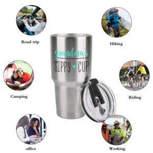 Grandma's Sippy Cup Travel Tumbler with 2 Lids, Birthday Christmas Gift for Grandma Grandmother Nana Gigi Mom Mother's Day Thanksgiving Day, 20 Oz Funny Insulated Stainless Steel Tumbler, Mint