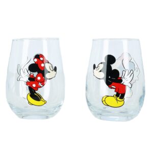 disney kissing mickey and minnie mouse couples stemless glasses, set of 2, 15 ounce