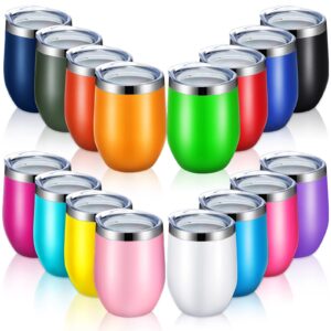16 packs stainless steel wine tumblers with lids, 12 oz insulated wine tumbler stemless double wall vacuum wine glass coffee tumbler bulk drinking cup for hot or cold drink soda whiskey, 16 colors
