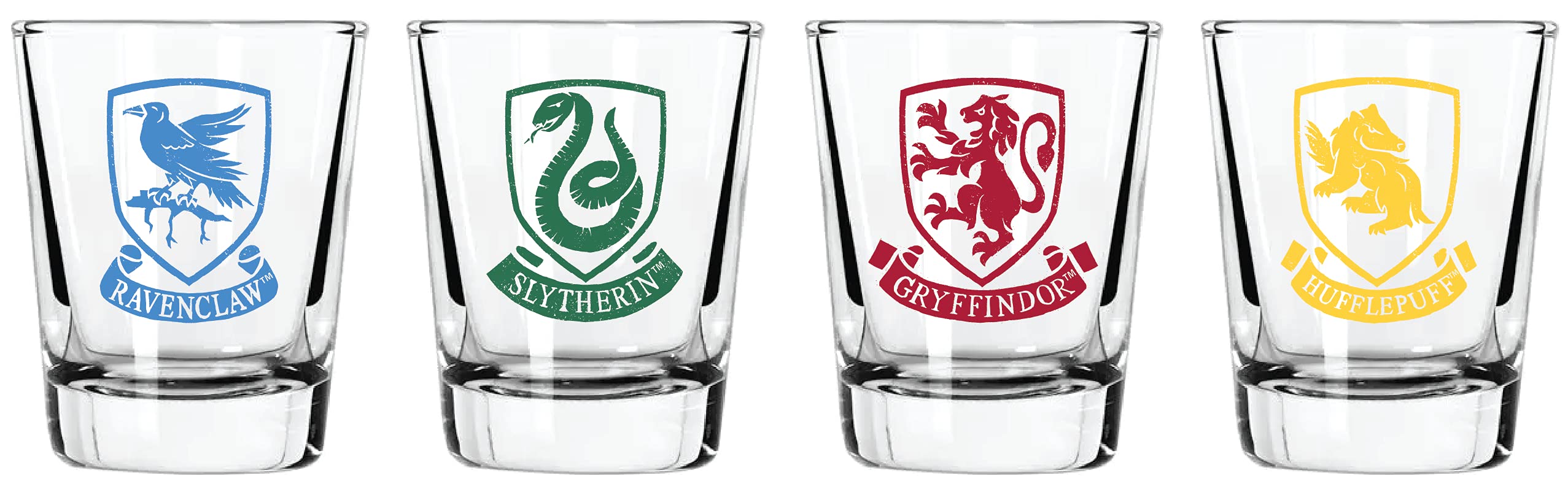 Harry Potter Shot Glass Set - 2 oz. Capacity - Set of 4 Glasses - Gryffindor, Slytherin, Hufflepuff, Ravenclaw