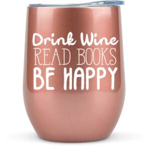 klubi book lovers gifts women - 12 oz wine tumbler or mug - idea for book club, librarians, bulk readers, literary, glass, bookworm, reading