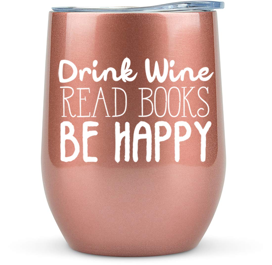 KLUBI Book Lovers Gifts Women - 12 oz Wine Tumbler or Mug - Idea for Book Club, Librarians, Bulk Readers, Literary, Glass, Bookworm, Reading