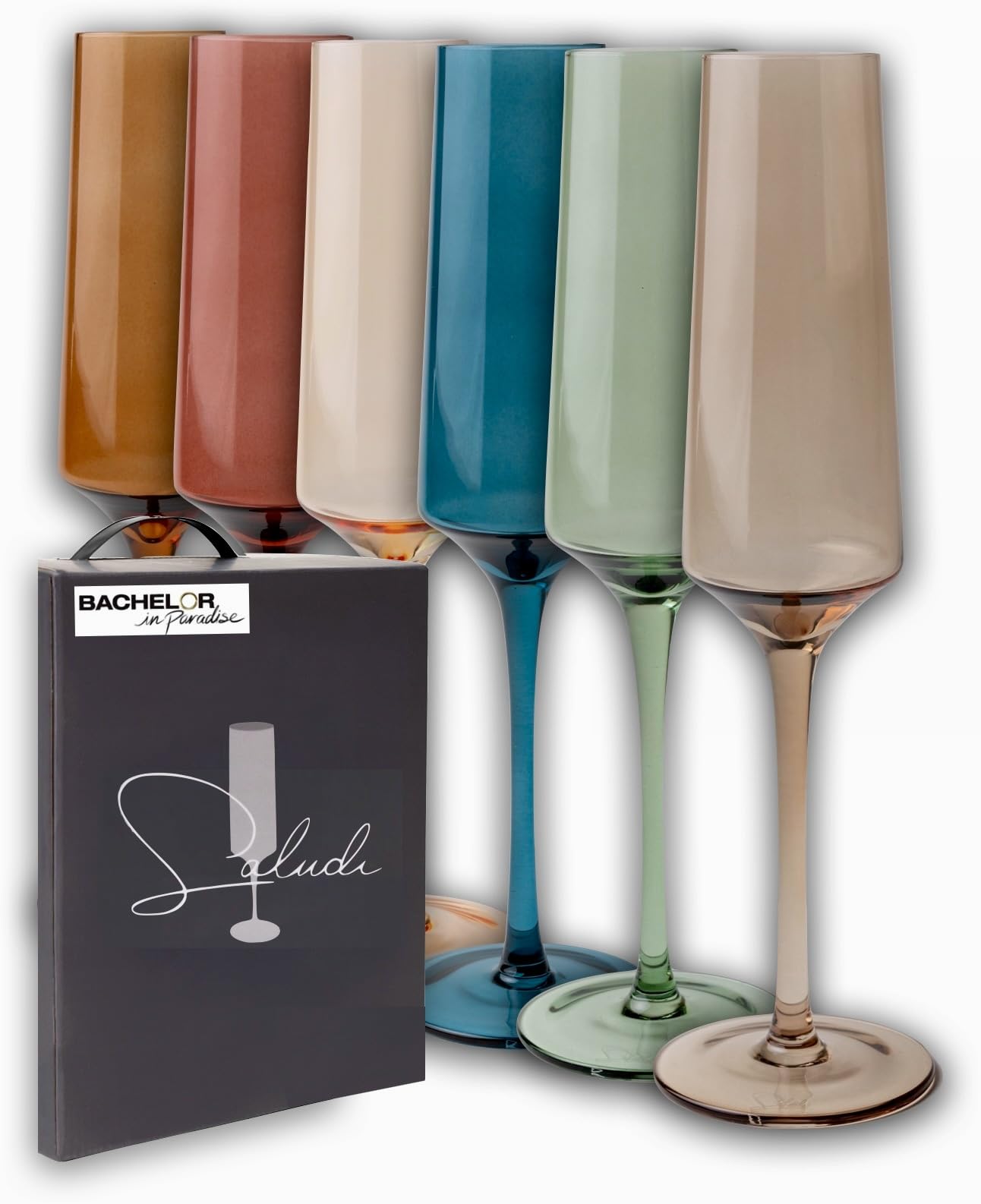 Saludi Colored Champagne Flutes - As Seen on 'Bachelor in Paradise' - 7oz (Set of 6) Stemmed Multi-Color Champagne Glass - Great for All Occasions and Gifts - Luxury, Durable, Hand-Blown