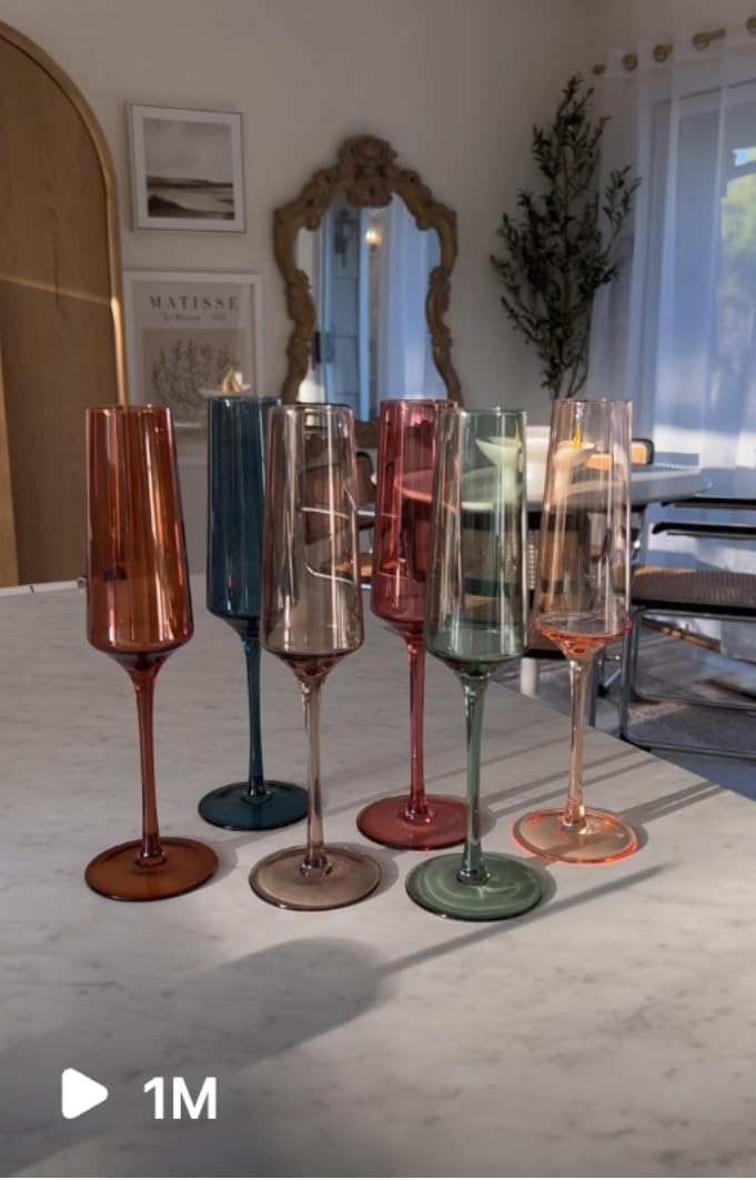 Saludi Colored Champagne Flutes - As Seen on 'Bachelor in Paradise' - 7oz (Set of 6) Stemmed Multi-Color Champagne Glass - Great for All Occasions and Gifts - Luxury, Durable, Hand-Blown