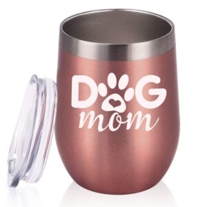 gingprous dog mom wine tumbler dog lover gifts for women, funny wine tumbler gifts for dog mom dog lover daughter wife friend, 12 oz insulated stemless steel wine tumbler, rose gold