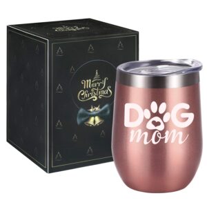 GINGPROUS Dog Mom Wine Tumbler Dog Lover Gifts for Women, Funny Wine Tumbler Gifts for Dog Mom Dog Lover Daughter Wife Friend, 12 Oz Insulated Stemless Steel Wine Tumbler, Rose Gold