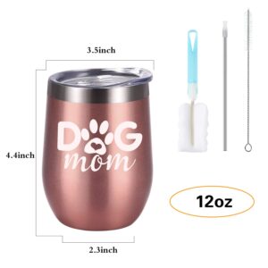 GINGPROUS Dog Mom Wine Tumbler Dog Lover Gifts for Women, Funny Wine Tumbler Gifts for Dog Mom Dog Lover Daughter Wife Friend, 12 Oz Insulated Stemless Steel Wine Tumbler, Rose Gold