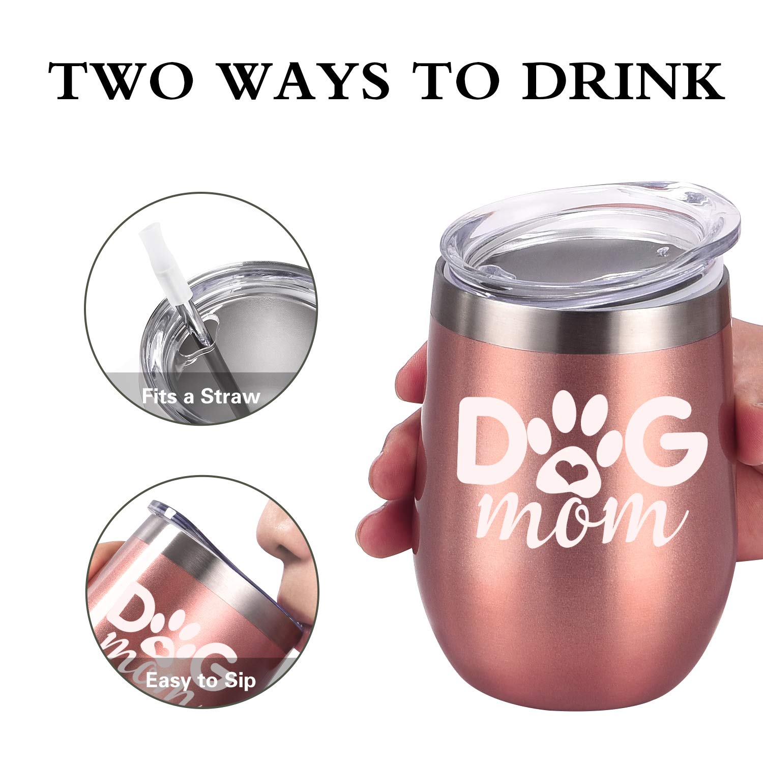 GINGPROUS Dog Mom Wine Tumbler Dog Lover Gifts for Women, Funny Wine Tumbler Gifts for Dog Mom Dog Lover Daughter Wife Friend, 12 Oz Insulated Stemless Steel Wine Tumbler, Rose Gold