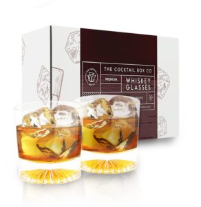 the cocktail box co. premium whiskey glasses set of 2, bourbon glass, whiskey glass, double wall old fashioned glass, crystal glasses, unique design of whiskey glasses, great gifts for men
