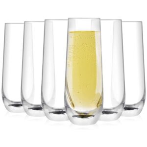 modvera stemless champagne glasses| set of 6 10oz modern, crystal clear champagne flutes| 6.3 inch tall toasting glasses, glassware sets for wedding, birthday, graduation, and engagement celebrations