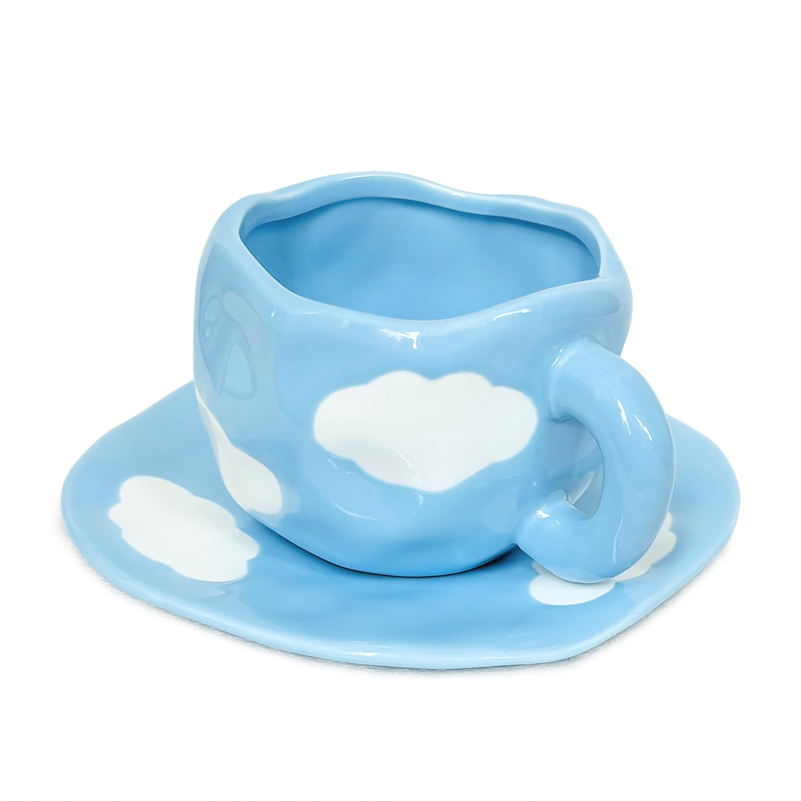 Noviko Cloud Cup with Saucer Blue Coffee Mug Latte Cup Cute Teacup and Saucer, Dishwasher and Microwave Safe, 10 oz