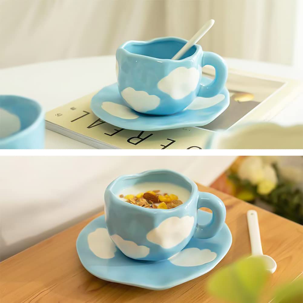 Noviko Cloud Cup with Saucer Blue Coffee Mug Latte Cup Cute Teacup and Saucer, Dishwasher and Microwave Safe, 10 oz