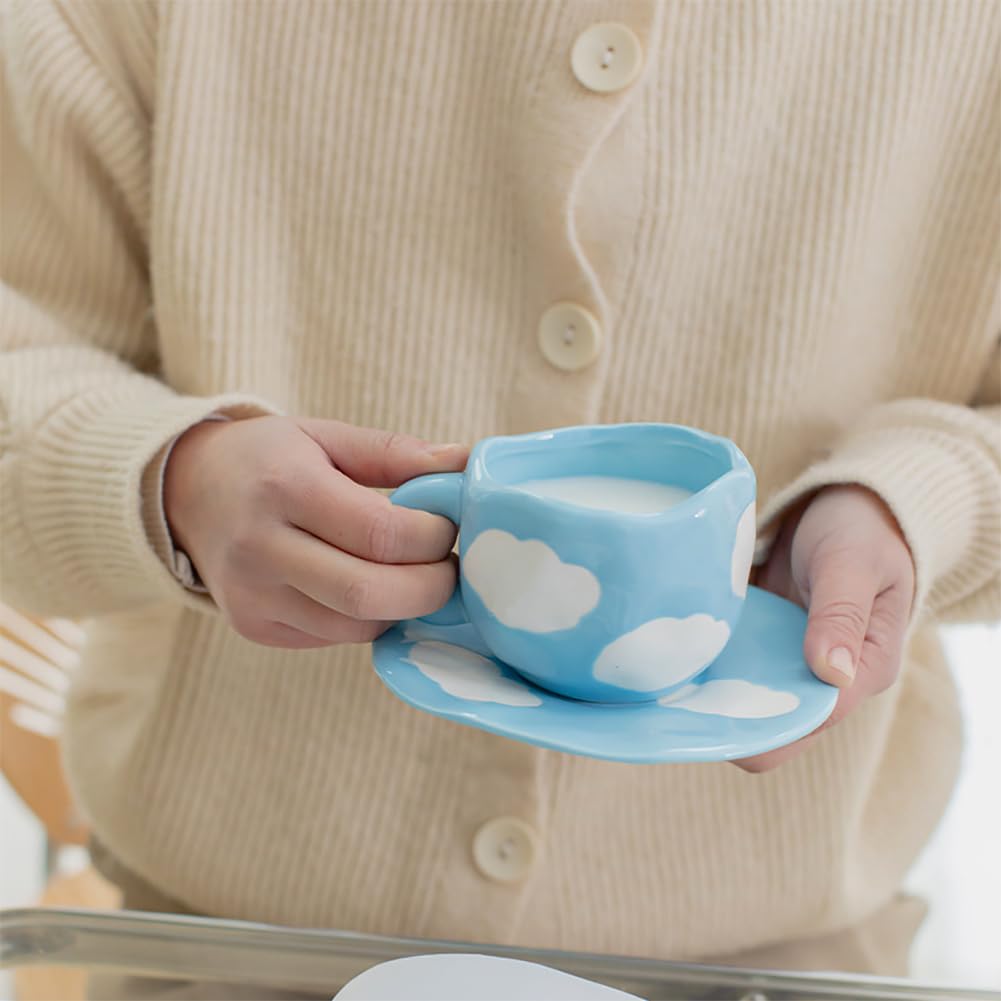 Noviko Cloud Cup with Saucer Blue Coffee Mug Latte Cup Cute Teacup and Saucer, Dishwasher and Microwave Safe, 10 oz