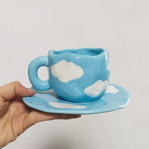 Noviko Cloud Cup with Saucer Blue Coffee Mug Latte Cup Cute Teacup and Saucer, Dishwasher and Microwave Safe, 10 oz