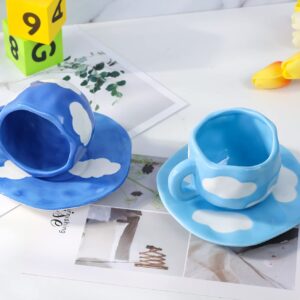 Noviko Cloud Cup with Saucer Blue Coffee Mug Latte Cup Cute Teacup and Saucer, Dishwasher and Microwave Safe, 10 oz