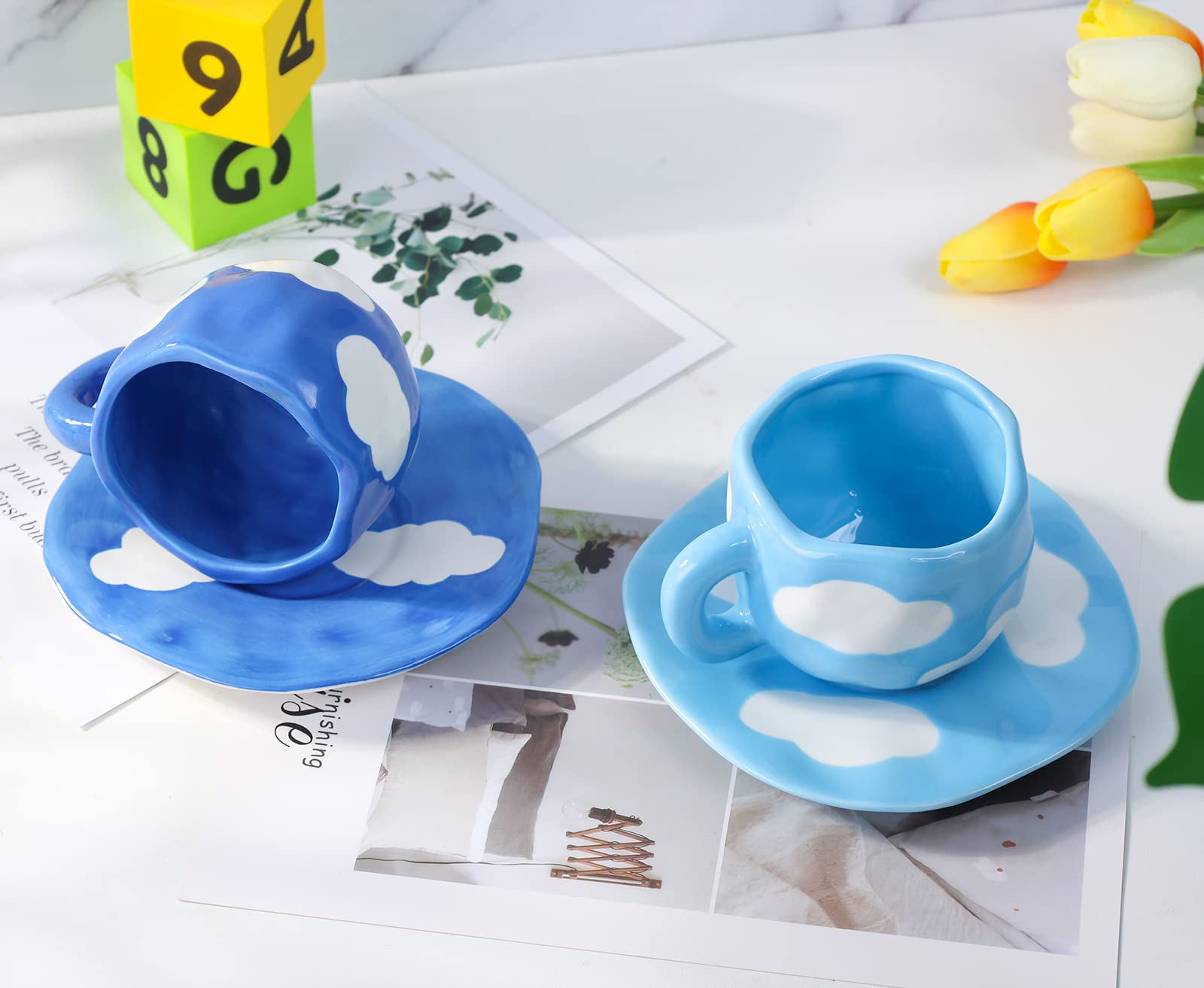 Noviko Cloud Cup with Saucer Blue Coffee Mug Latte Cup Cute Teacup and Saucer, Dishwasher and Microwave Safe, 10 oz