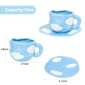 Noviko Cloud Cup with Saucer Blue Coffee Mug Latte Cup Cute Teacup and Saucer, Dishwasher and Microwave Safe, 10 oz