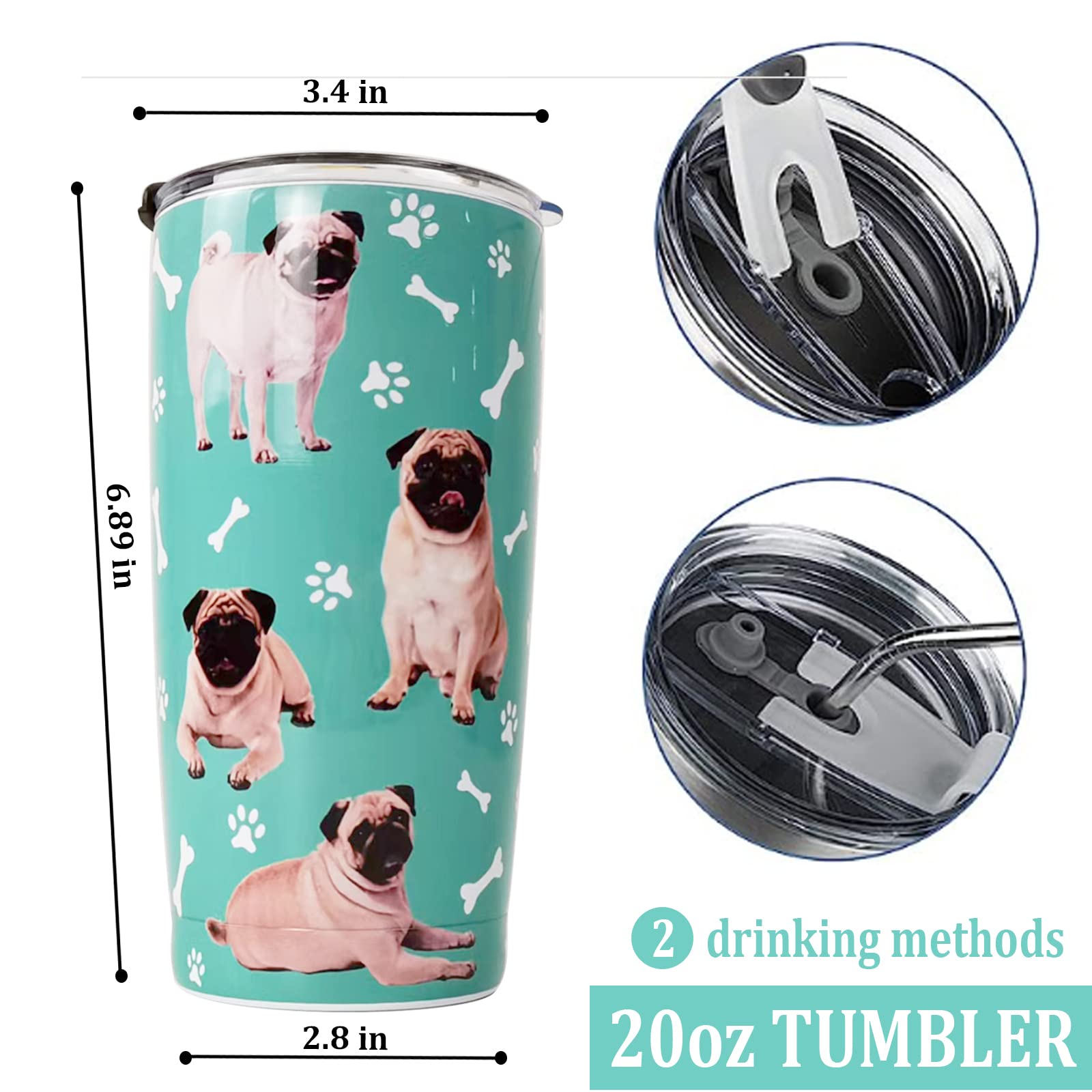 Pug Gifts- 20 Oz Stainless Steel Tumbler - Dog Lover Gifts - Gifts For Dog Mom, Dog Owner, Women, Girls, Friends, Daughters, Coworkers - Pug Tumbler