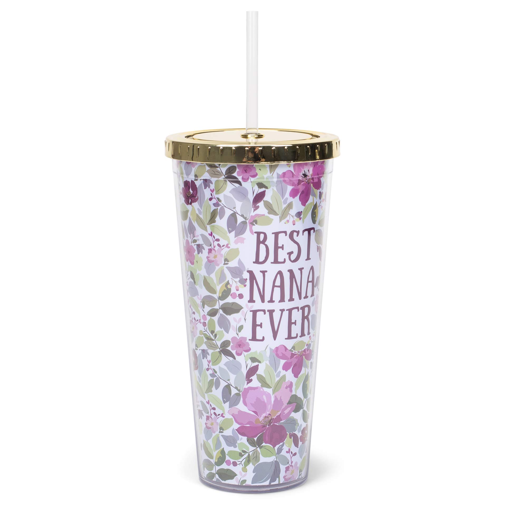 Mary Square Best Nana Ever Purple Salem Floral 24 Ounce Straw Tumbler with Goldtone Lid