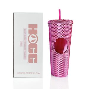 hogg 24oz studded tumbler with lid and straw, diy, customizable with bling or glitter, reusable textured venti cup, double wall insulated (24oz with circle, glossy pink)