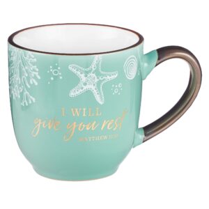 christian art gifts mug give you rest green