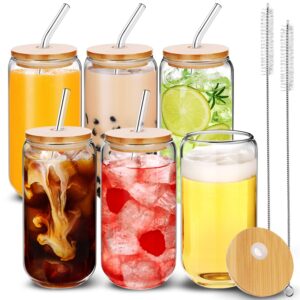 mohary 6 pcs drinking glasses with bamboo lids and straw 6pcs set - 16oz u-shaped cups, iced coffee glasses, cute reusable bottle, ideal for whiskey, beer, tea, gift - 2 cleaning brushes