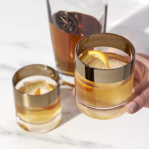 Viski Irving Bronze Rim Crystal Lowball Tumblers Set of 2 - Premium Crystal Clear Cocktail Glass Bronze Rimmed Glassware, Stylish Lowball Whiskey Glass Gift Set, 8 oz