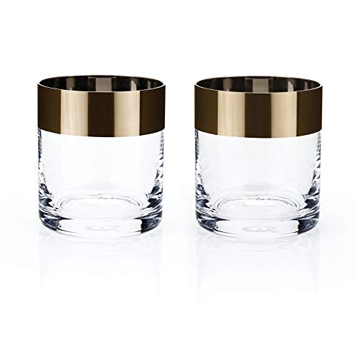 Viski Irving Bronze Rim Crystal Lowball Tumblers Set of 2 - Premium Crystal Clear Cocktail Glass Bronze Rimmed Glassware, Stylish Lowball Whiskey Glass Gift Set, 8 oz