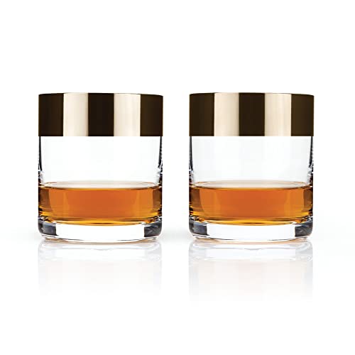 Viski Irving Bronze Rim Crystal Lowball Tumblers Set of 2 - Premium Crystal Clear Cocktail Glass Bronze Rimmed Glassware, Stylish Lowball Whiskey Glass Gift Set, 8 oz