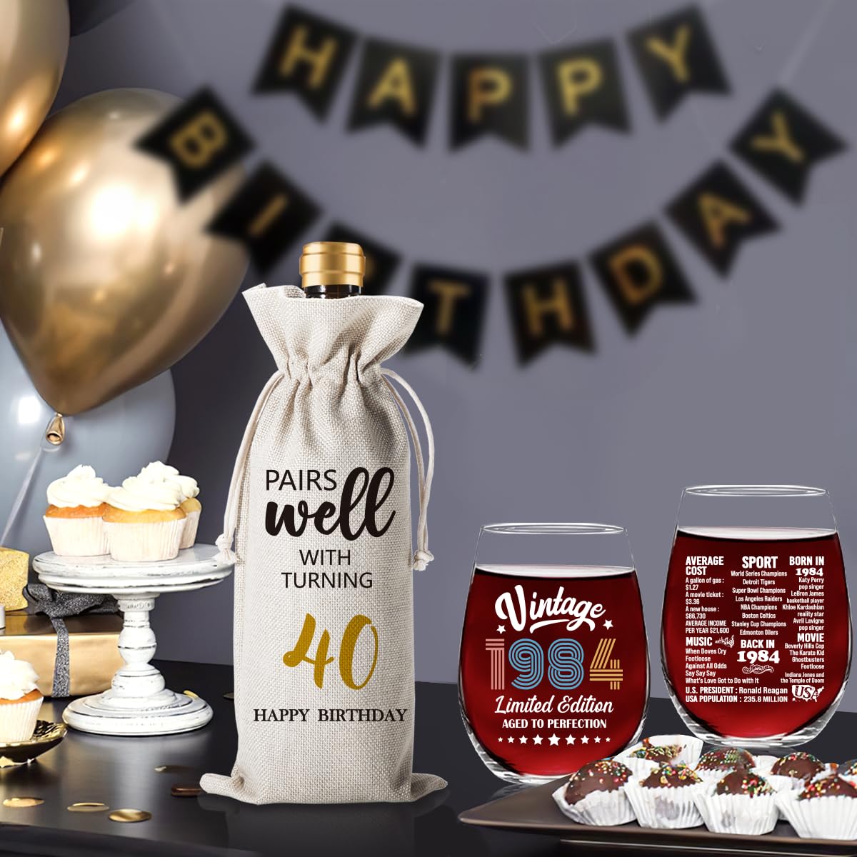 40th Birthday Gifts for Women Men, 40 Year Old Birthday Decoration Gift, Vintage 1984-40th Anniversary Party Supplies, 15 Oz 1 Stemless Wine Glass And 1 Wine Bag